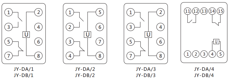 JY-DB/1集成電路直流電壓繼電器內(nèi)部接線圖及外引接線圖（正視圖）