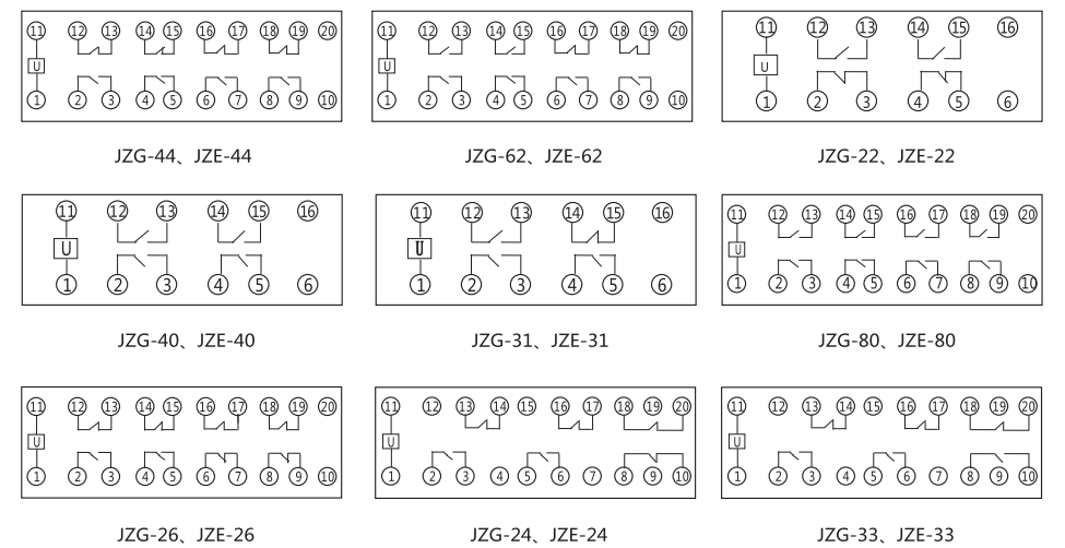 JZE-33卡軌式靜態(tài)中間繼電器內(nèi)部端子外引接線圖